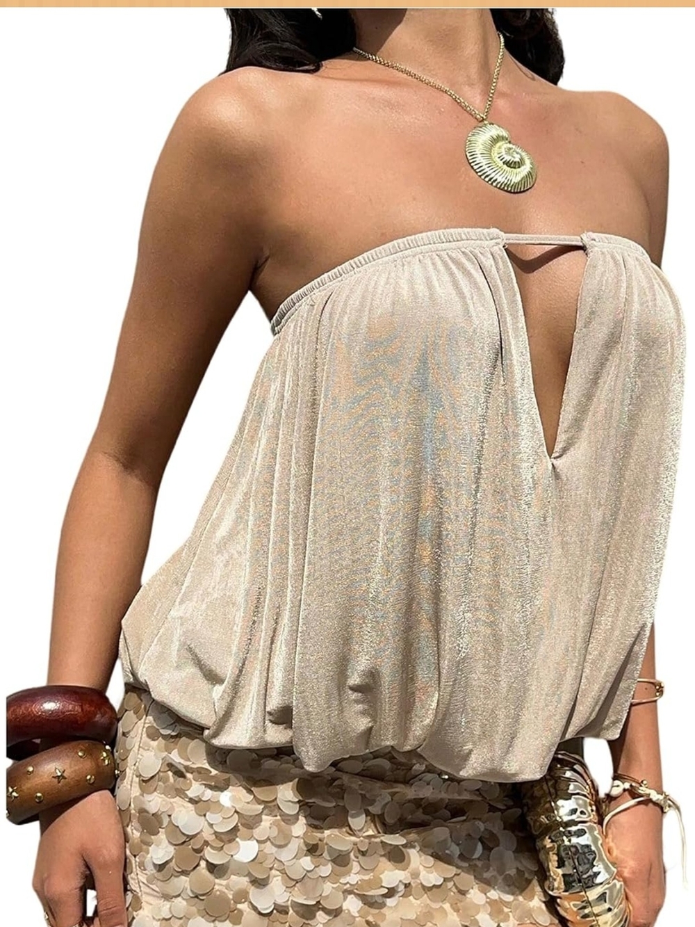 Strapless Shimmery Beige Bubble Hem Top